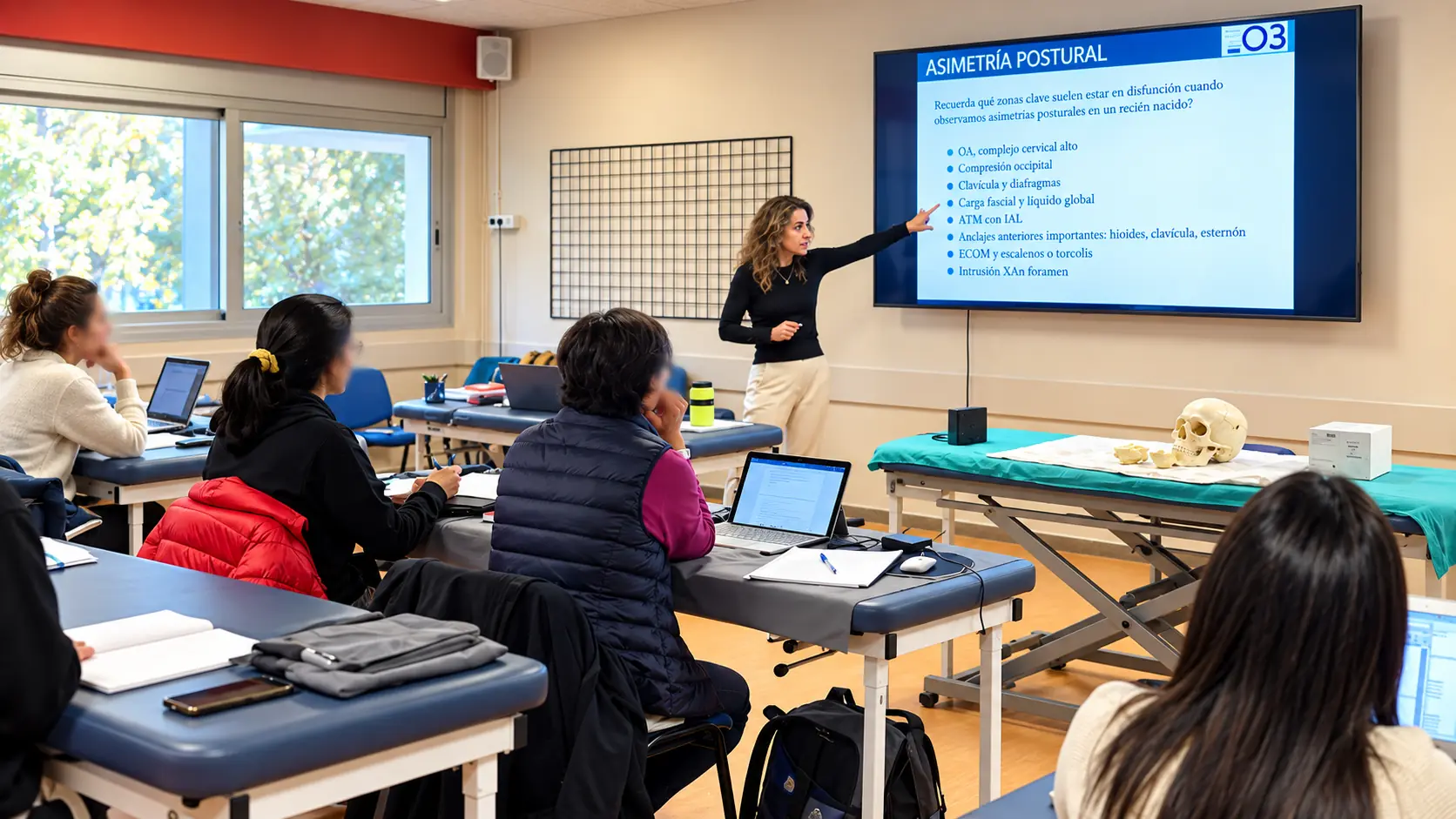 Débora Mínguez impartiendo una clase práctica de osteopatía